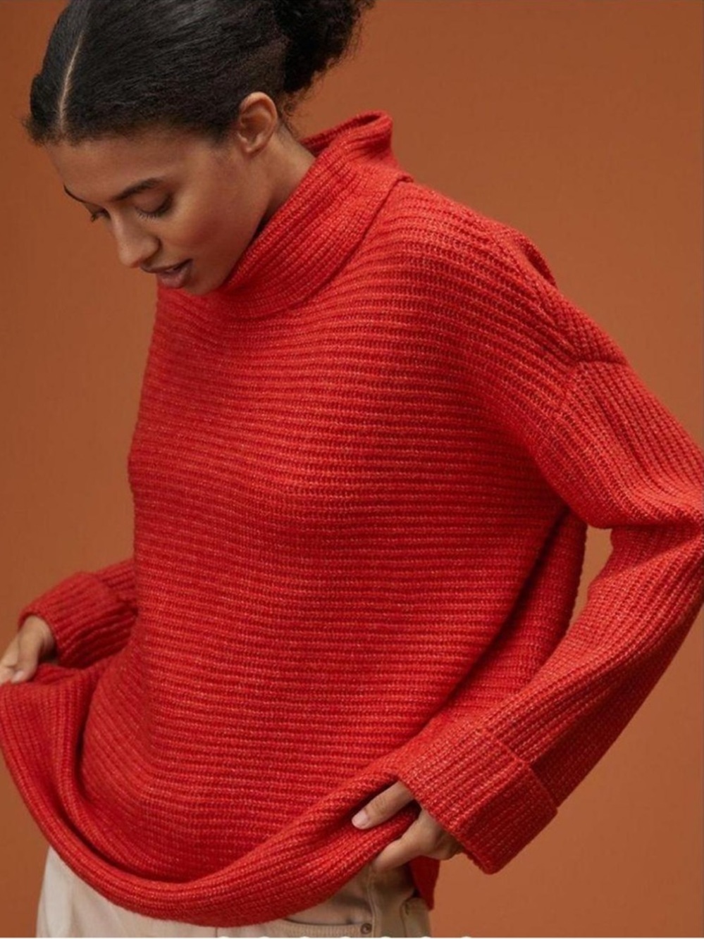 Pilcro Red Chunky Knit Turtleneck Sweater Small Cropped Cozy Textured Winter - Picture 2 of 11